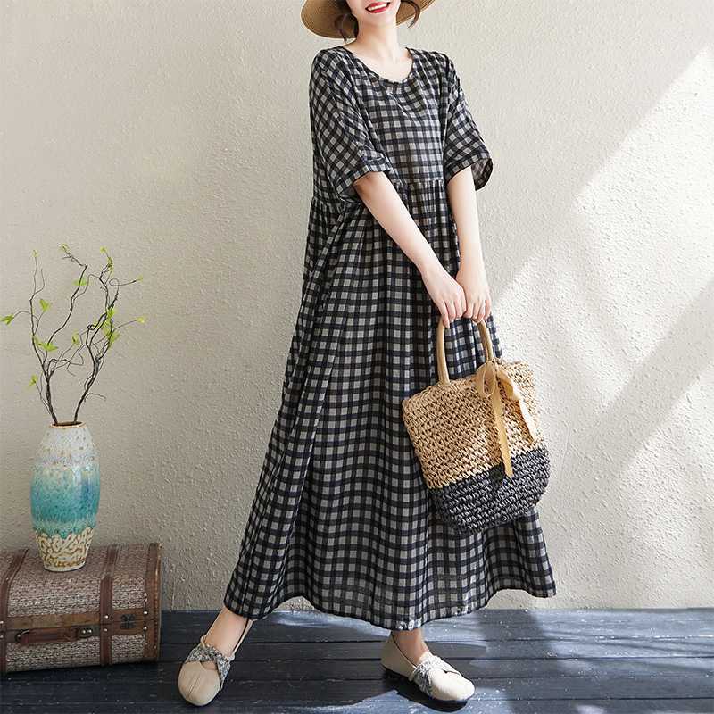 Тонкий хлопок и лен Круглый вырез Короткий рукав Клетчатая Длинная юбка для женщин