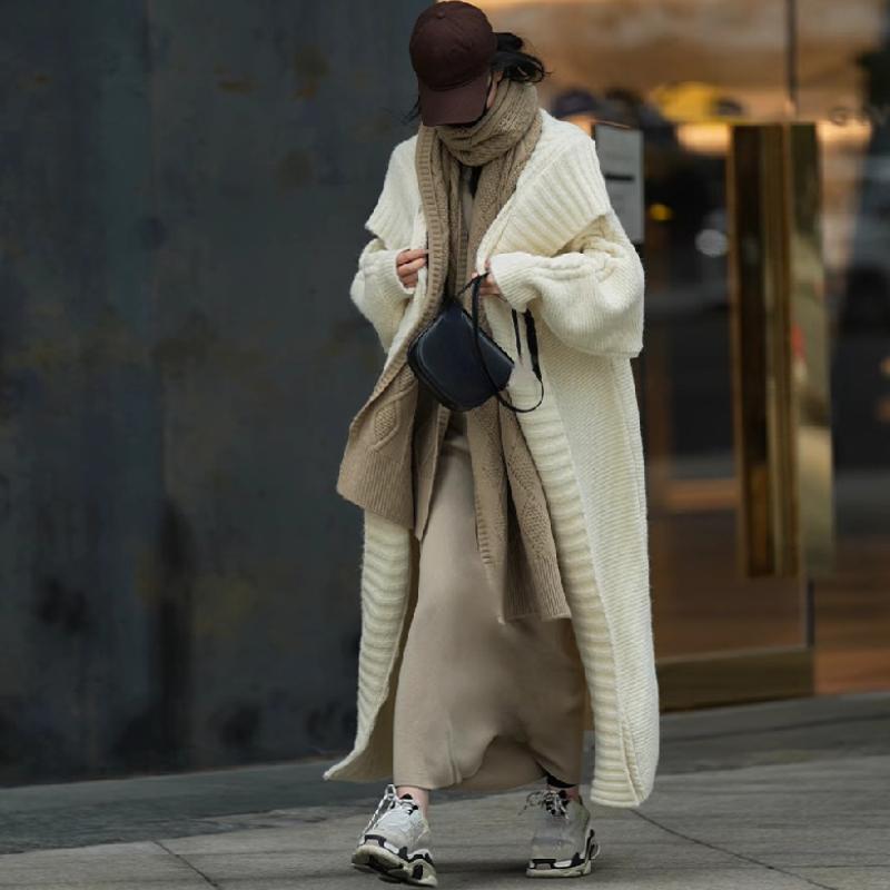 Длинный вязаный кардиган, женский элегантный свободный женский свитер с лацканами и длинными рукавами, пальто 2024, весенняя уличная женская верхняя одежда