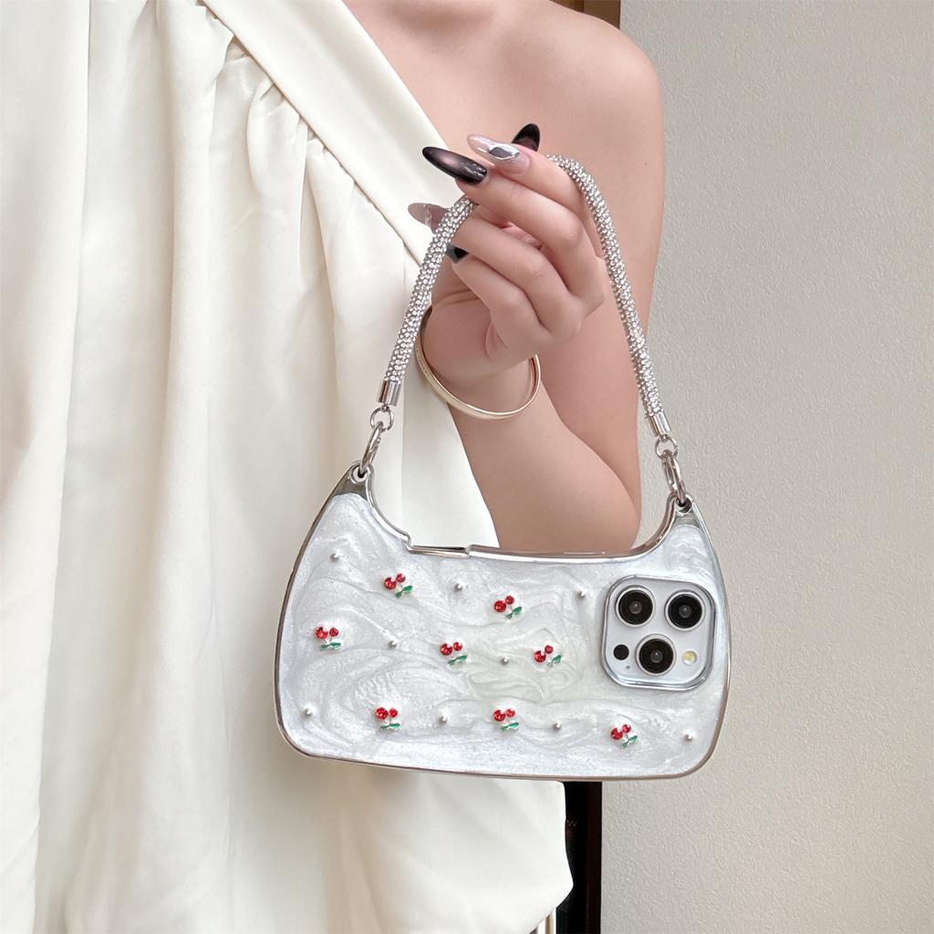 Жемчуг и Вишня Наплечный Чехол для Телефона для Серии iPhone 12-17 — Блестящий Регулируемый Ремешок, Свежий Летний Дизайн