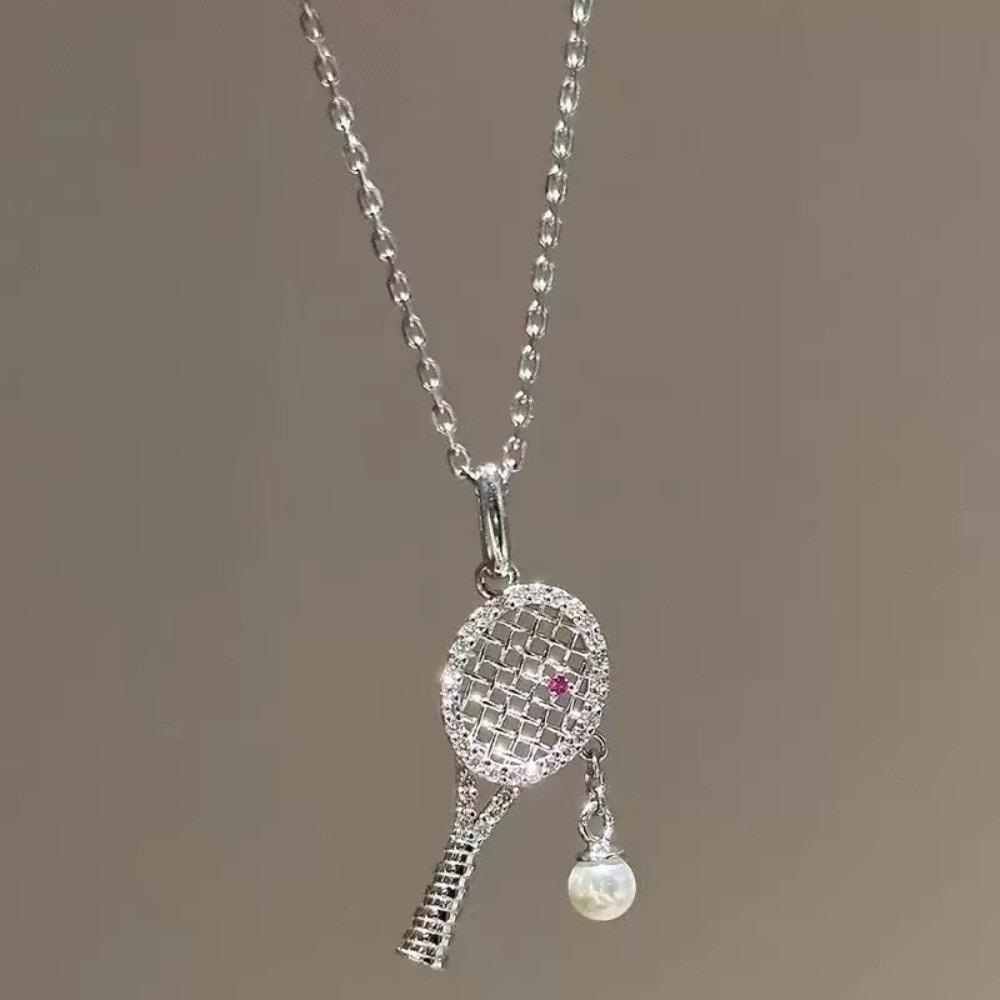 Pearl Chain Racquet Pendant Necklace Exquisite Design Zircon Pearl Chain Necklace For Women