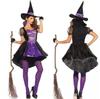 Womens Witch Vampire Elf Cosplay Costume Scary Purple Carnival Cosplay Party Outfit Puff Sleeve Asymmetrical Hem Dress with Hat