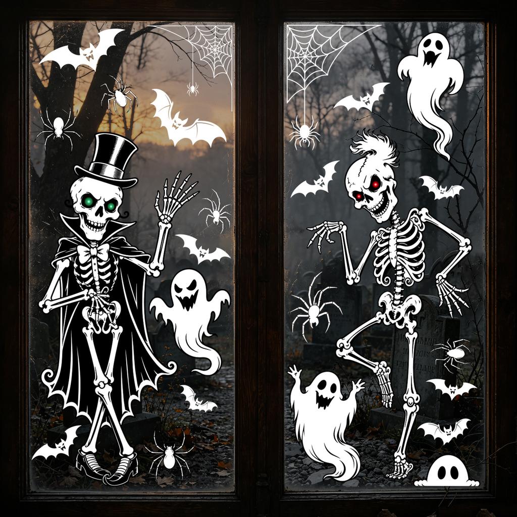 Halloween dark static window sticker dancing skeleton ghost bat spider spider web shop window party decoration