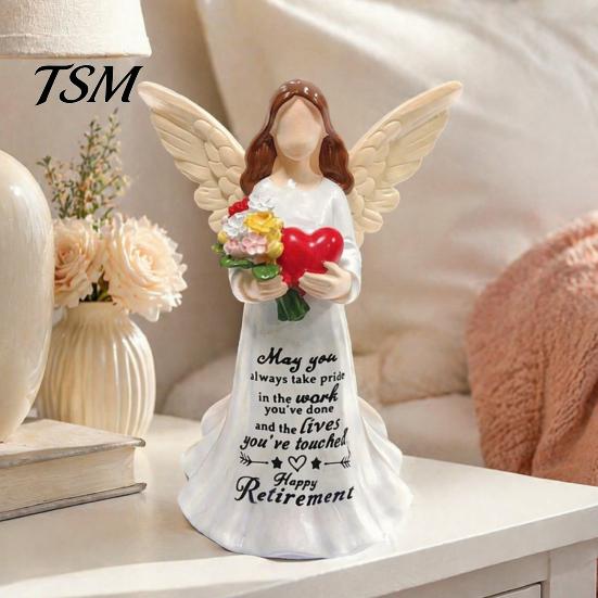Handcrafted Figurines for Women Faceless Angel Statue with Heart Flowers, Hand Painted Resin Desktop Decorations Figurine, Decorative Sculpture