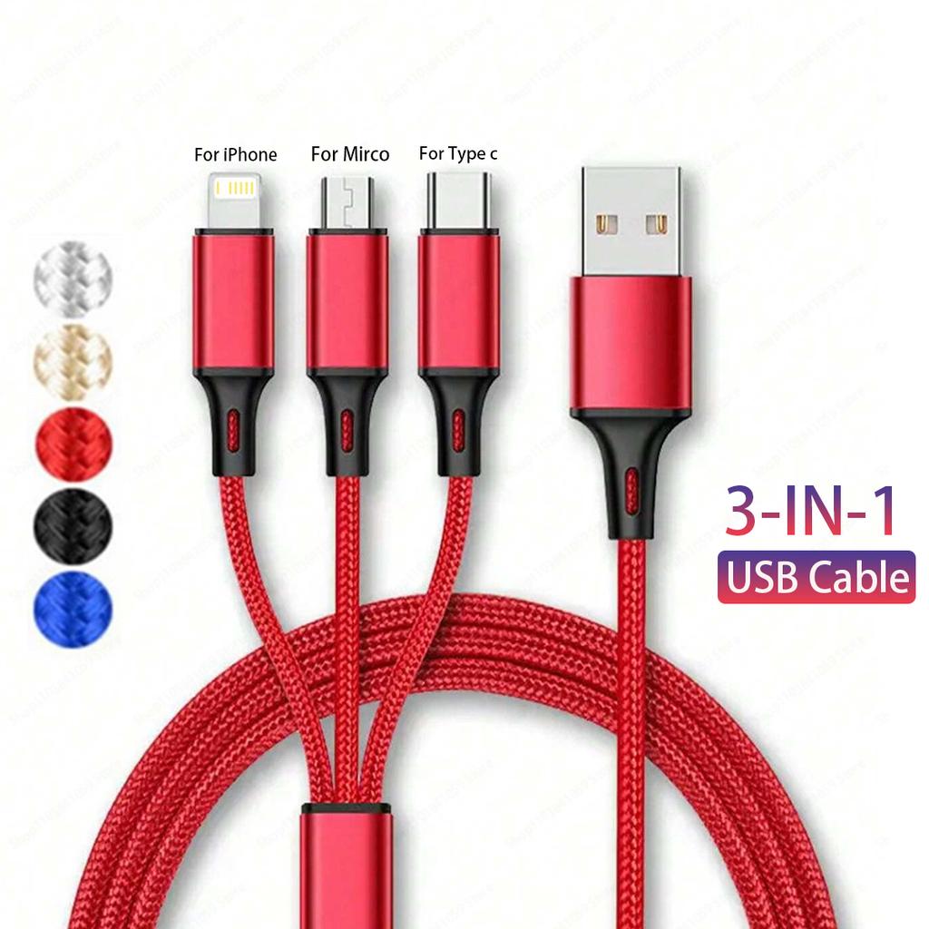 3 In 1 USB Type C Cable Phone Charge Cable Nylon Braided Universal Charging Cord For Iphone 16 15 14 13 12 Pro Max Xiaomi Huawei