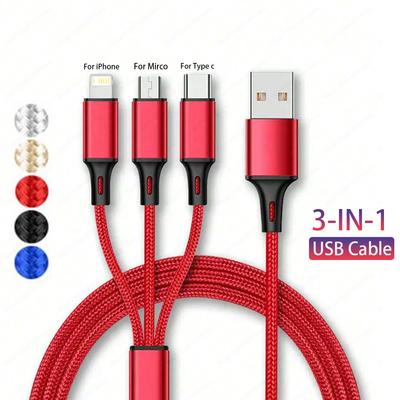 3 в 1 USB-кабель типа C для зарядки телефона, нейлоновый оплетенный универсальный зарядный шнур для iPhone 16, 15, 14, 13, 12 Pro Max, Xiaomi, Huawei