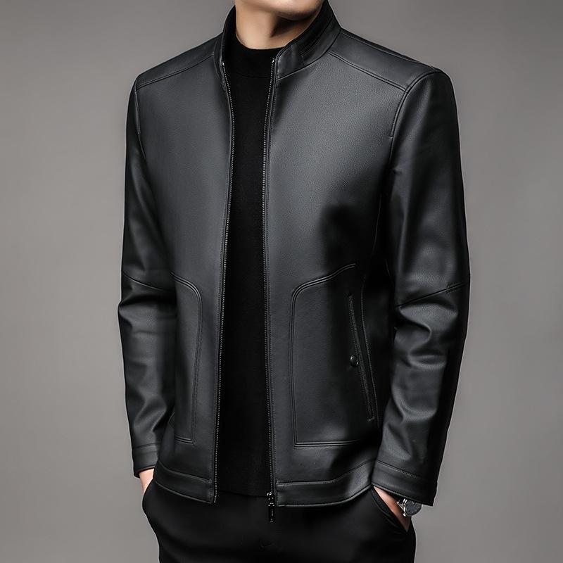 Тонкая куртка из натуральной кожи для весны и осени, мужская куртка из овчины с воротником-стойкой для мужчин среднего возраста, кожаная куртка для мотоциклистов