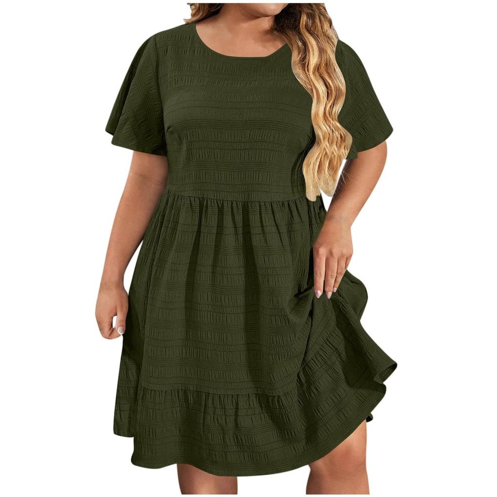 Ladies' Large Size Casual And Fashionable Solid Color Dress, Loose Short Sleeved Waist Cinched Dress