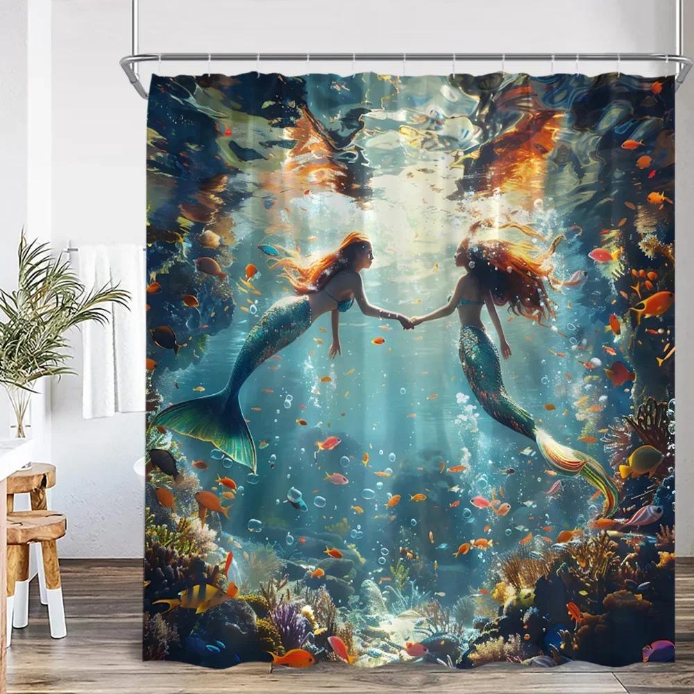 Magical Mermaid & Coral Reef Waterproof Shower Curtain - Enchanting Underwater Fantasy for Dreamy Bathroom Decor