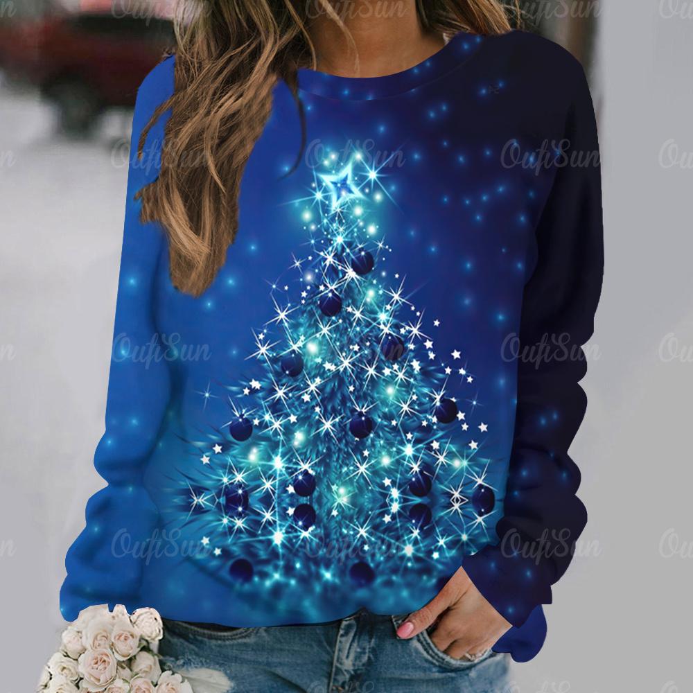 Женская футболка с принтом «Рождественская елка», праздничная одежда для женщин, осенние свободные топы с круглым вырезом и длинными рукавами, женский пуловер в стиле Харадзюку
