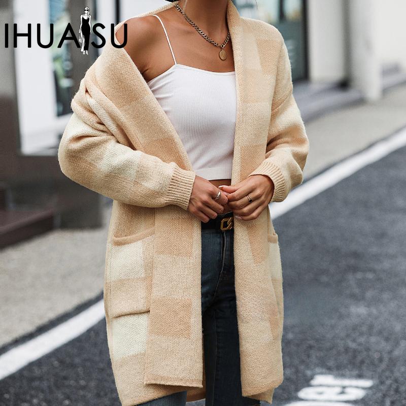 IHUASU Women's Jacket Loose Plaid Colour Block Knit Cardigan Fashion Sweater