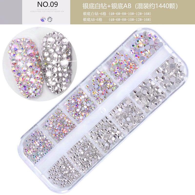 Nail Art Jewelry Set, High Silver Flat Bottom Diamond Ab Water Diamond Shiny Diamond Strip Box 1440 Pcs
