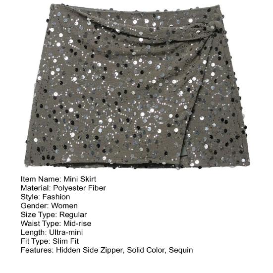 Women Sequins Mini Skirt with Cross Front Twist Detail Side Slit Hidden Zipper Closure Nightclub Short Skirt