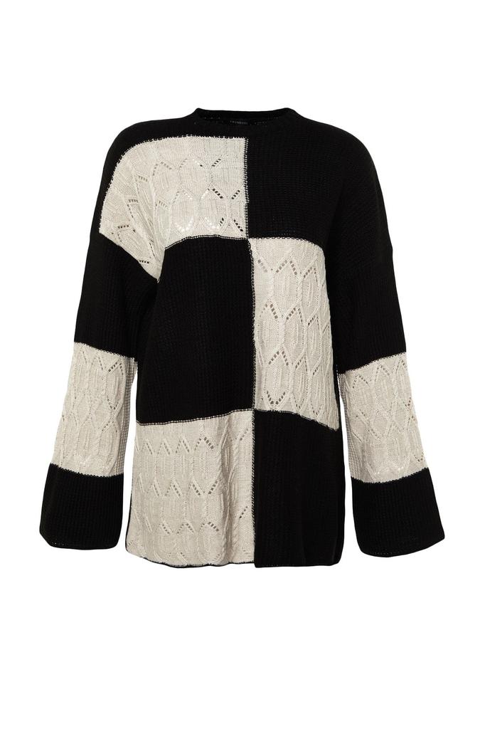 Женский модный стильный свитер в стиле хиджаб, черный ажурный перфорированный вязаный трикотаж с цветными блоками, свитер