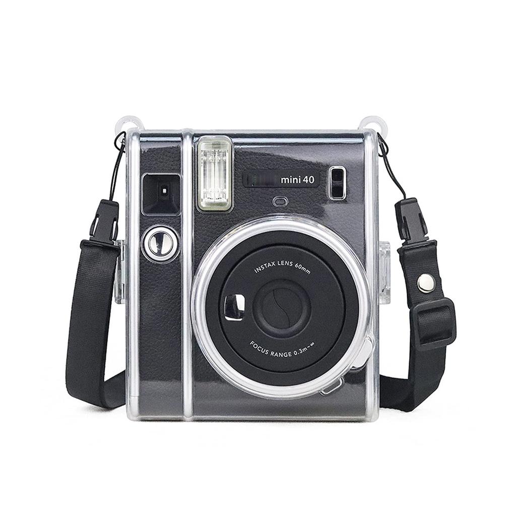 Darkhorse Transparent Case for Fujifilm Instax Mini 40 Instant Camera, Hard PVC Cover with Shoulder Strap, Black