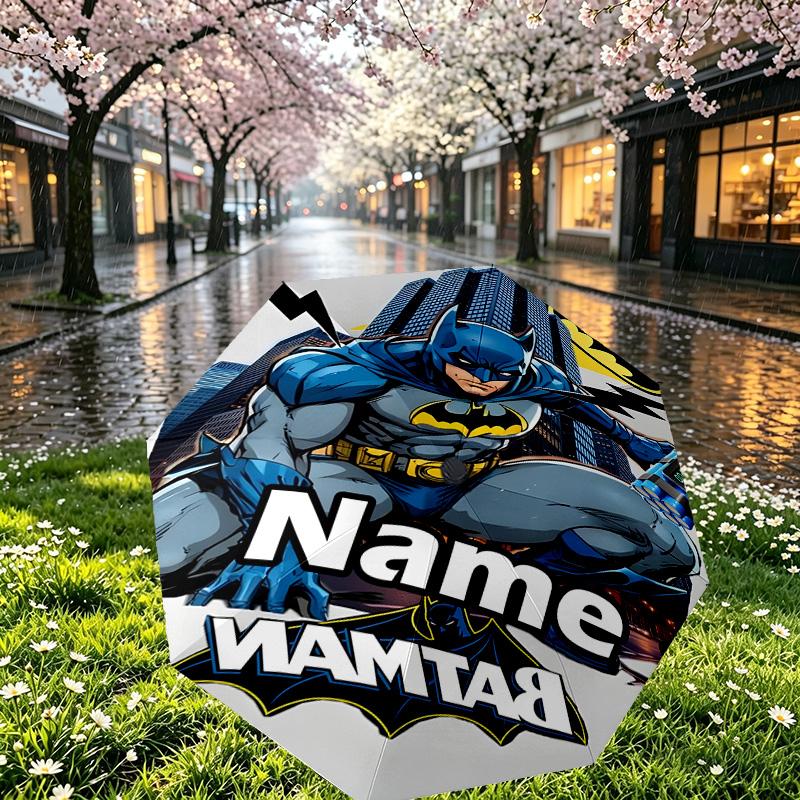 Custom Name Personalized Batman Print Umbrella, Auto Open Close, 8‑Rib Sturdy Frame, Commute Camping Hiking Use, Birthday Gift