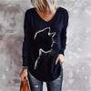 Animal Cat Black Printed 3D T Shirts Plus Size Tees Women V Neck Long Sleeve T Shirt