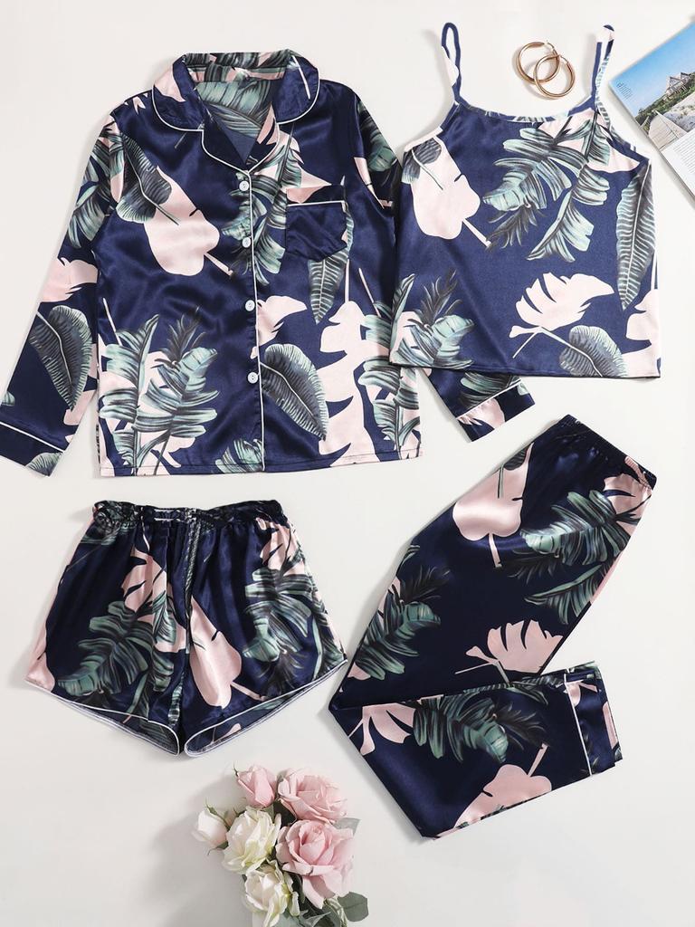 Женская домашняя одежда в европейском и американском стиле, комплект из 4 предметов: майка, шорты, длинные рукава, длинные брюки, пижамный комплект, модная одежда для отдыха с принтом