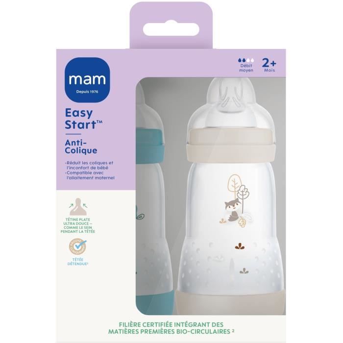 Lot De 2 Biberons - MAM - Easy Start / Anti-Colique - 260 Ml - Tétine Débit 2 - Océan + Sable