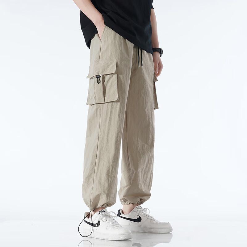 Dingfengbaoluo Versatile Cargo Pants for Men, Spring Loose-Fit Athletic Versatile Drawstring Outdoor Casual Pants WX07 Off-White 2XL