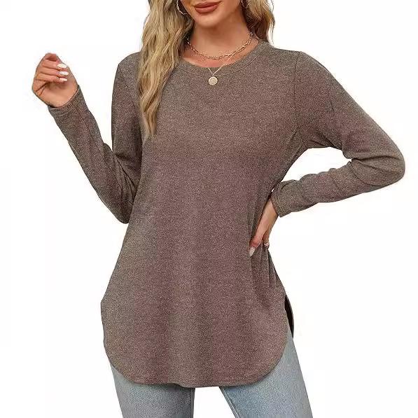 Womens Long Sleeve Round Neck Shirts Side Split Basic Loose Tunic Tops Casual Shirts Ropa De Mujer Fashion