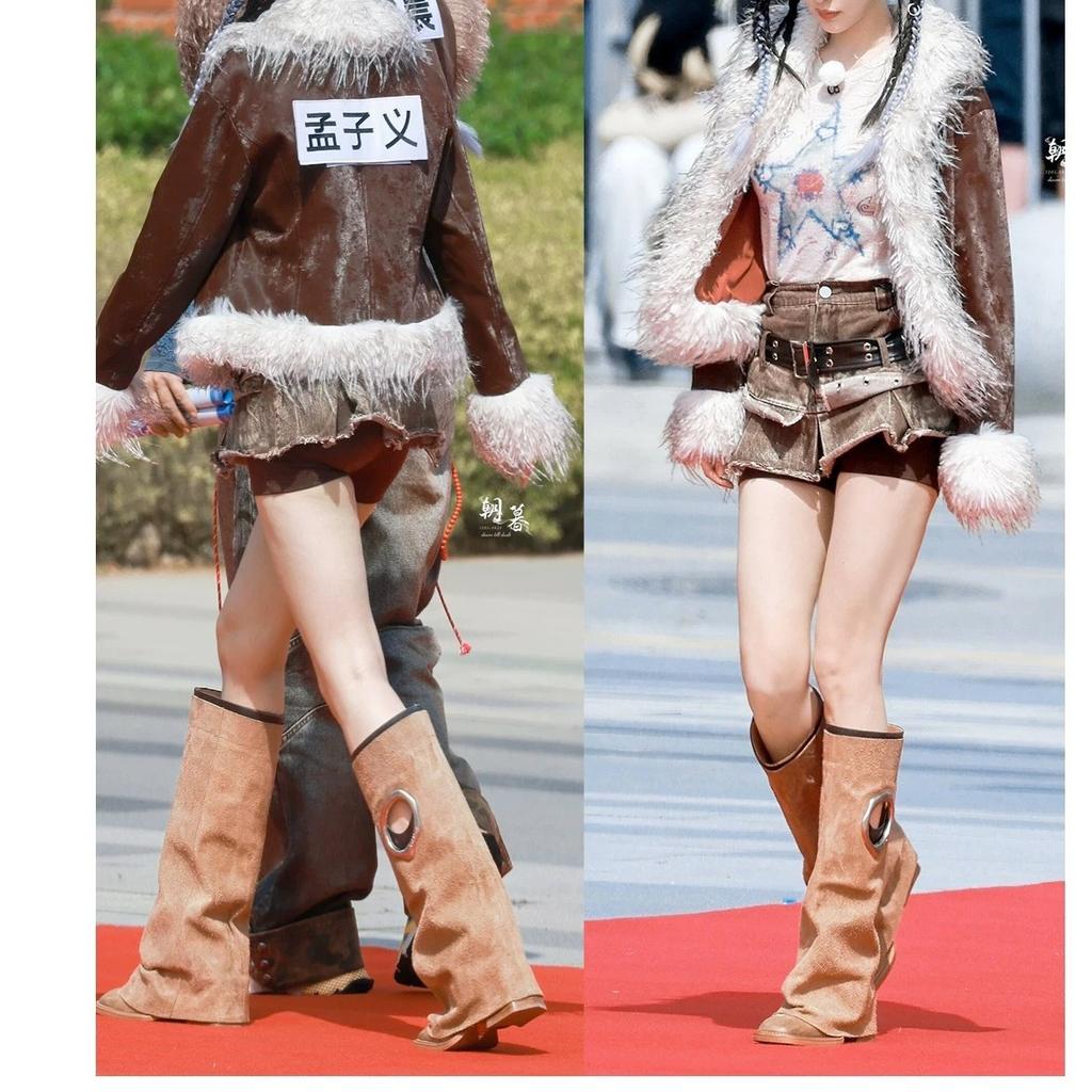 Модный бренд Мода 2025 Новые осенне-зимние ботинки с круглым носком, высокие сапоги из кожи, металлические рыцарские сапоги, сапоги с отворотом, панк-стиль