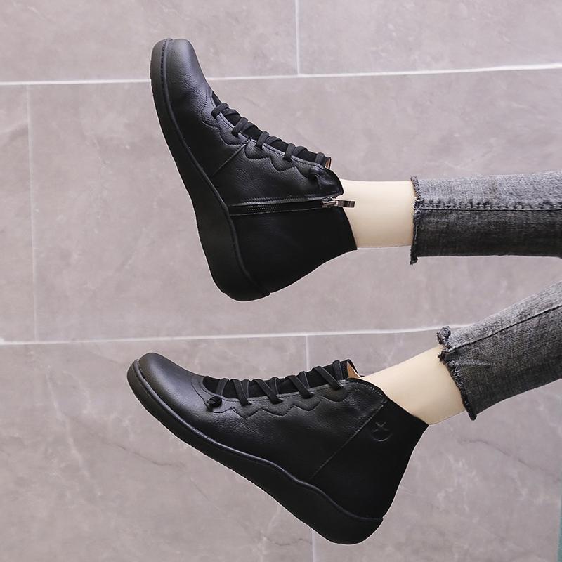 Зимние женские ботинки из натуральной кожи, весенние туфли на плоской подошве, короткие винтажные ботинки с мехом 2024 для женщин, ботинки на шнуровке