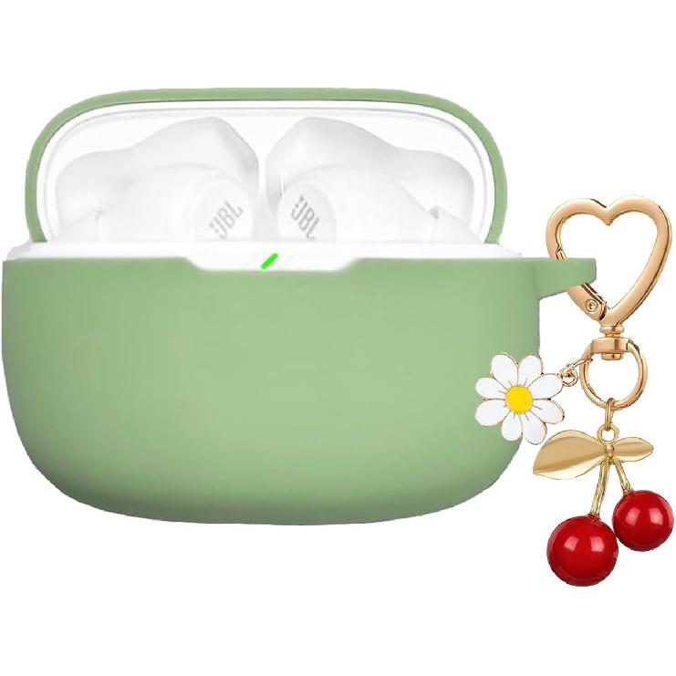 for JBL Vibe Beam 2 / JBL Vibe Beam Case Cover with Cute Cherry Daisy Flower Charm Keychain,Soft Silicone Protective Shock Cover for JBL Vibe 200TWS