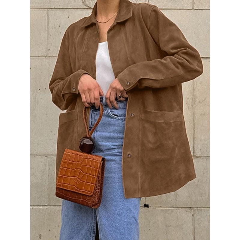 Womens Brown Suede Blazer Loose Fit Turn-down Collar Mid-length Coat Fall 2025