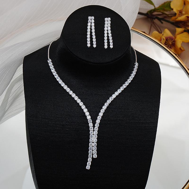 Simple Geometric Cubic Zirconia Necklace Earrings For Women Wedding Bridal Jewelry Sets Accessories