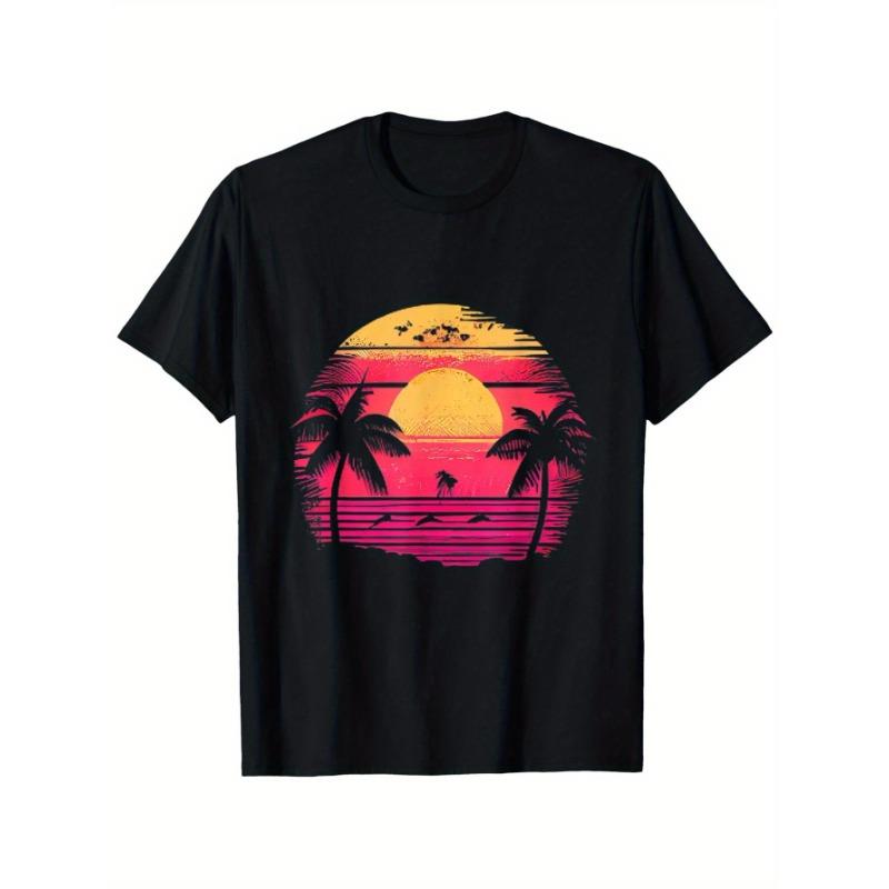 Mens Repetitive Vintage Tropical Sunset Tshirt Soft Pink and Orange Gradient Beach Shirt with Palm Tree and Sunset Patterns
