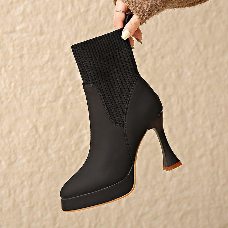 Fashion High-heeled Short Boots Spring and Autumn Pointed Toe Elastic Stocking Ankle Boots for Women Splicing Slip On Botas Femininas