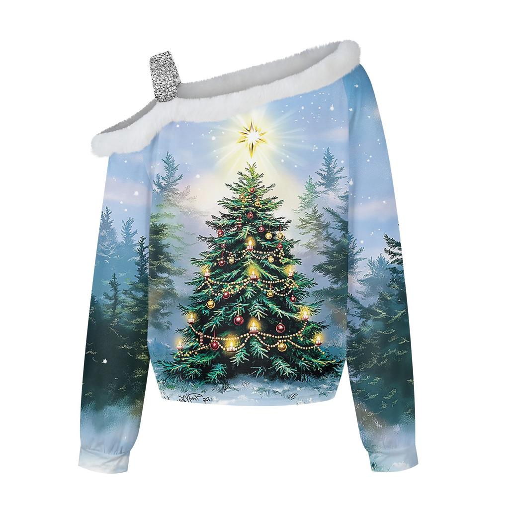 Женские топы с длинными рукавами. Модные женские свободные пуловеры с открытыми плечами с рождественским принтом.