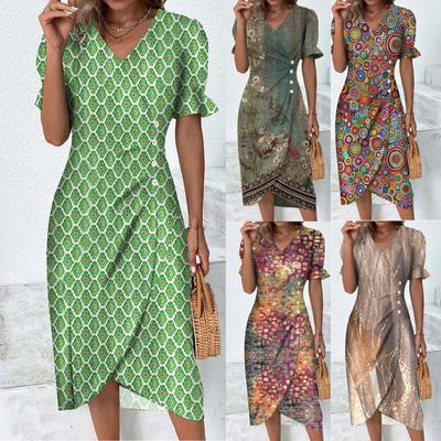 Женское летнее повседневное платье с v-образным вырезом и трапециевидным вырезом в стиле бохо, платье с цветочным принтом и воланами, с запахом и подолом