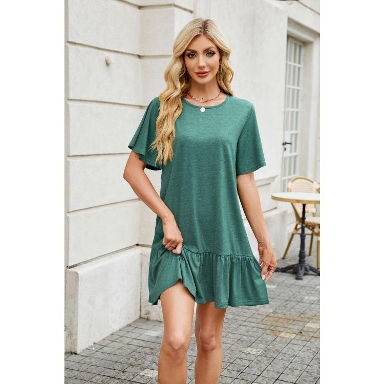 Loose Casual Dress Women Short Sleeve Summer Ruched Solid Color Crew Neck Spring Leisure Trade