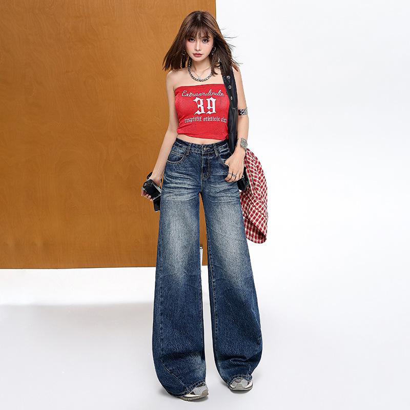 Retro American high street crumpled jeans women's new low waist loose drape thin versatile mopping wide leg pants