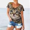 Женские футболки с 3D забавным принтом котов, повседневная модная футболка с v-образным вырезом и коротким рукавом Kawaii Graphics, одежда больших размеров для женщин и девочек