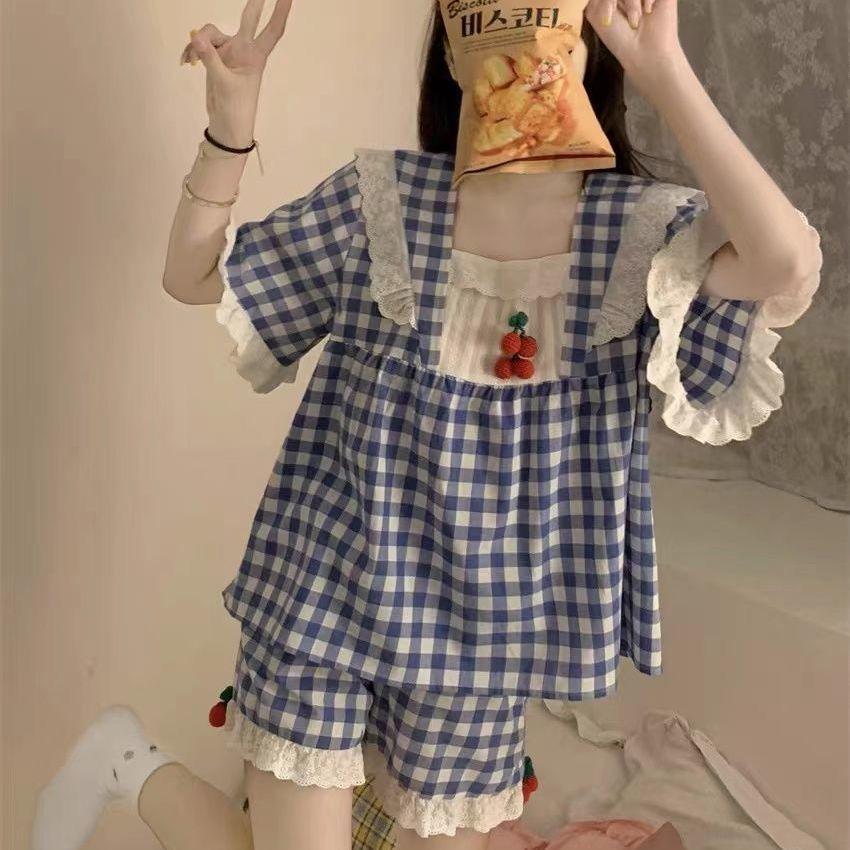 Sweet Sleepwear Women Pajama Sets Lingerie Short Sleeve Cardigan Shorts Princess Japanese Loungewear Ruffles Pajamas