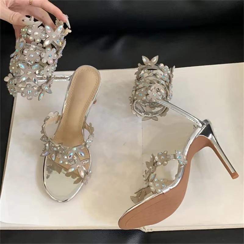Fashion Eilyken Street Style Flower Crystal Rhinestone Pointed Toe Women Sandals  Sexy Ankle Strap Thin High Heels Banquet Wedding Shoes