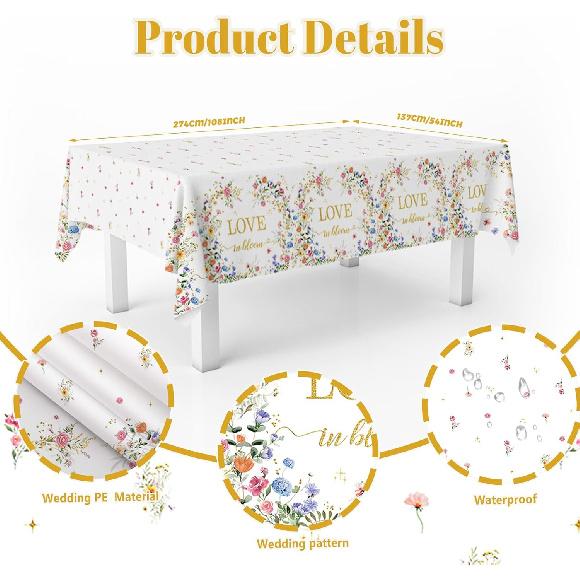MEHOFOND 3 Pcs Love in Bloom Bridal Shower Tablecloth, Wildflower Wedding Showerr Plastic Disposable Tablecloth Rectangle Table Covers for Spring