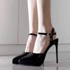 Fashion Women Pumps Sexy Stilettos Fashion Bowknot Pointed Toe Thin Ankle Strap Flock Ladies High Heels Female BLACK Wedding Shoes
