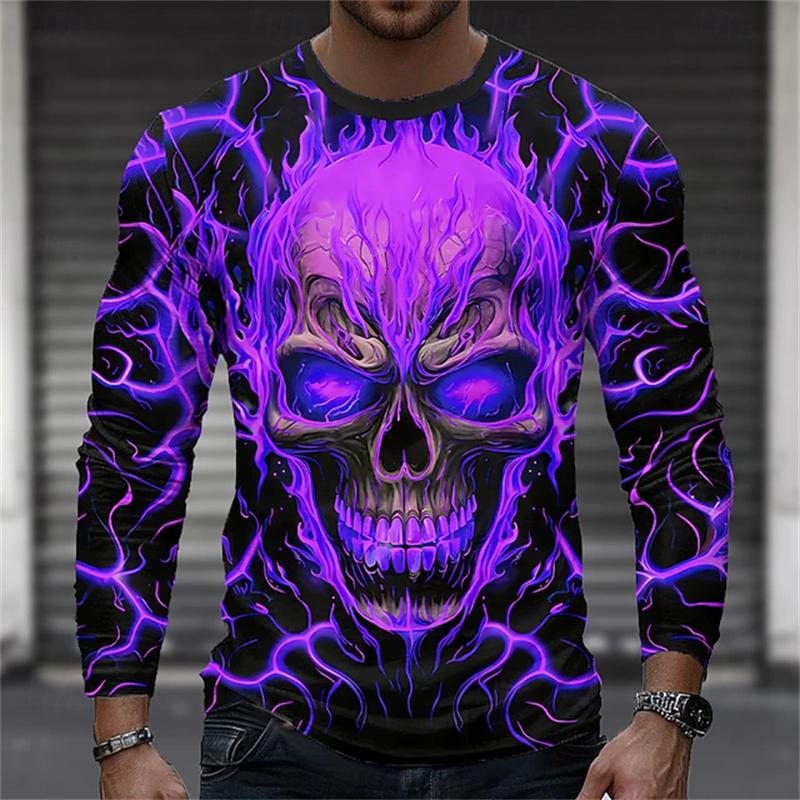 Round Neck 3D Skull Printed Top Fashionable Long Sleeved Men's T-shirts - Soft Medium Stretch Polyester Fabric Spring and Autumn Relaxed Fit Clothing