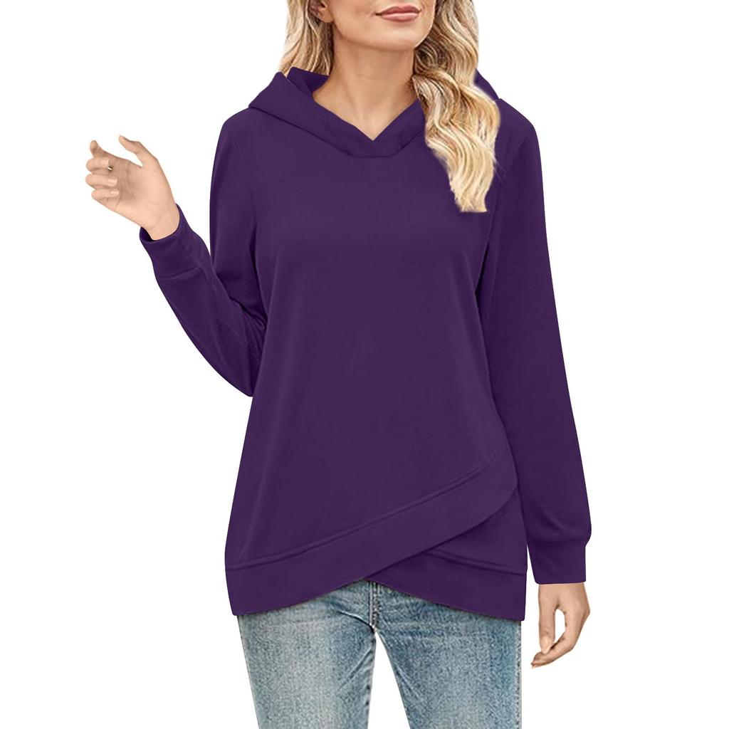 Women's  Fashion Solid Color Hoodie Long Sleeved  Cross Hem Sweatshirt  Top