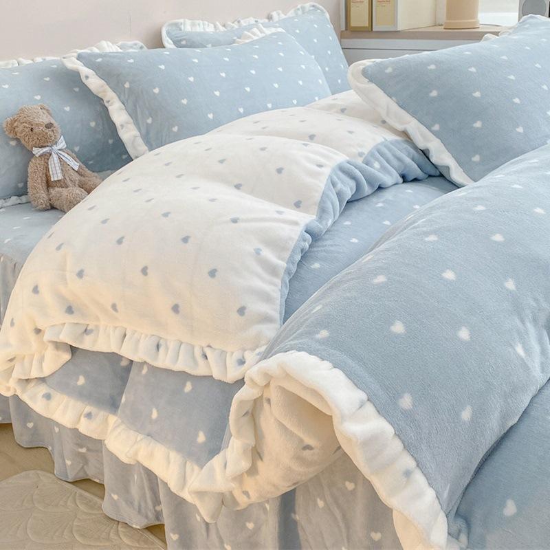 Утолщенный комплект из четырех предметов из молочного флиса, Утолщенное постельное белье из флиса, Зимний резной коралловый флис, Пододеяльник, Простыня, Юбка для кровати