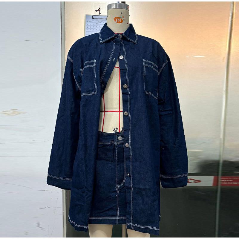 Vintage Denim 2 Piece Sets Women's Mini Skirts Polo Collar Long Sleeve Pockets Tops Hip Package Skirt Lady Streetwear 2025 Spring Summer