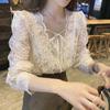 Square Collar Lace-up Women Shirt Vintage Sweet Puff Long Sleeve Lace Chiffon Blouse Women Flower Elegant Loose Tops 17442