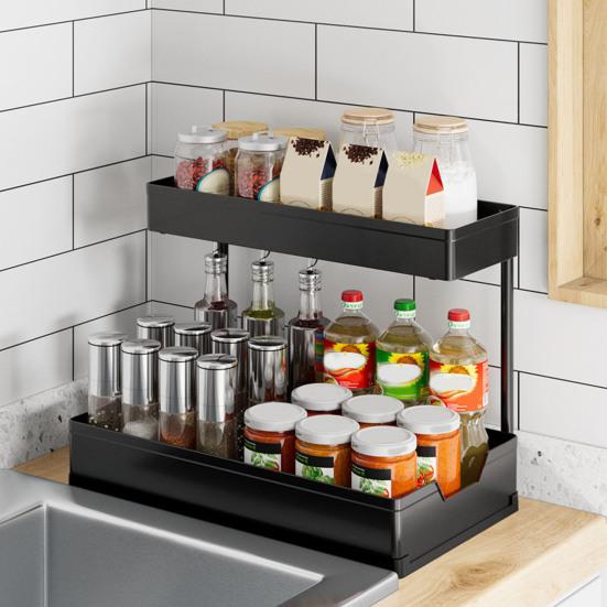 Kitchen Cabinet Pull-Out Storage Rack Under-Sink Organizer Large Capacity 2 Tier L-Shape Easy Installation