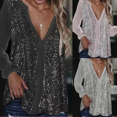 Женский повседневный модный однотонный шифоновый топ с блестящими пайетками и v-образным вырезом и длинными рукавами