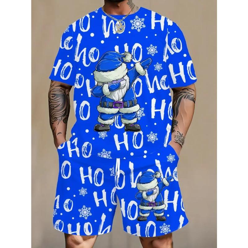Летняя мода с принтом на тему Санта-Клауса, свободная, удобная мужская спортивная одежда-двойка с короткими рукавами