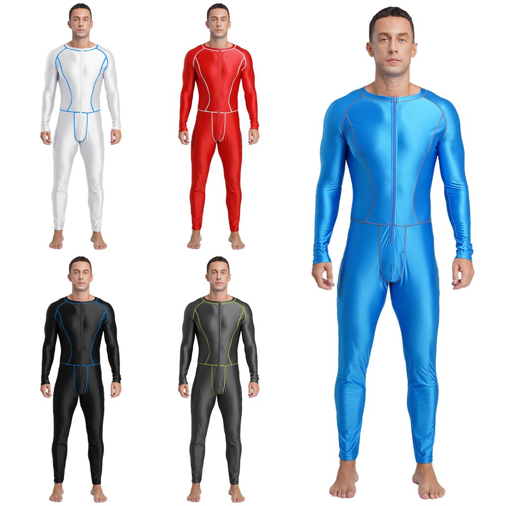Мужской блестящий спортивный комбинезон S-3XL: Облегающий боди с плоскими швами, передней молнией и длинными рукавами для тренировок и восстановления