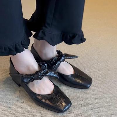 Версия из овчины~ Женские туфли-лодочки с бантом в британском стиле, туфли на плоской подошве с квадратным носком, длиной один фут